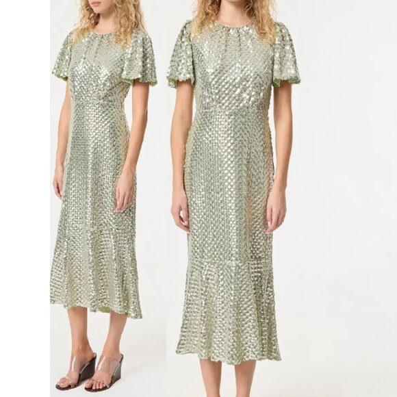 NWT $695 RHODE NICOLETTE SILVER SEQUIN SAGE GREEN MIDI DRESS - Picture 1 of 6